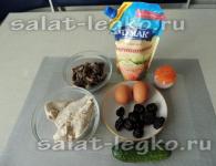 Слоёный салат с курицей, шампиньонами, сыром и черносливом: рецепт с фото Салат с курой грибами и черносливом